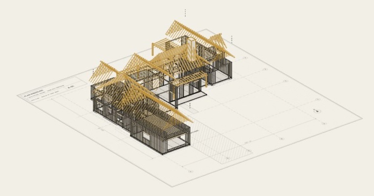 Exploded 3D drawing of farmhouse plan 818220JSS with the wall framing up and the roof trusses lifting into place