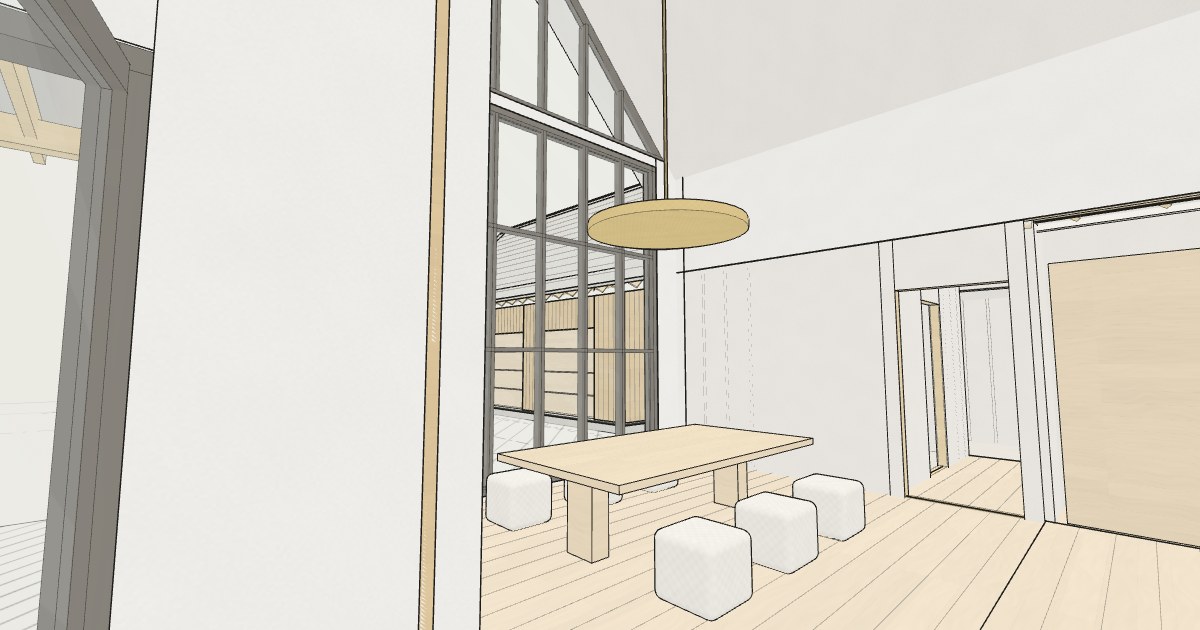 Dining room under the full-height glass gable, with a pendant over the table, in plan 818220JSS