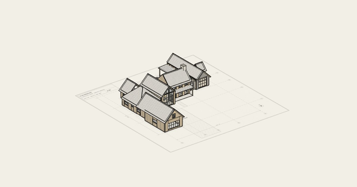 Finished 3D exterior of plan 818220JSS: vertical board siding, steep gabled roofs and a glass gable over the dining room