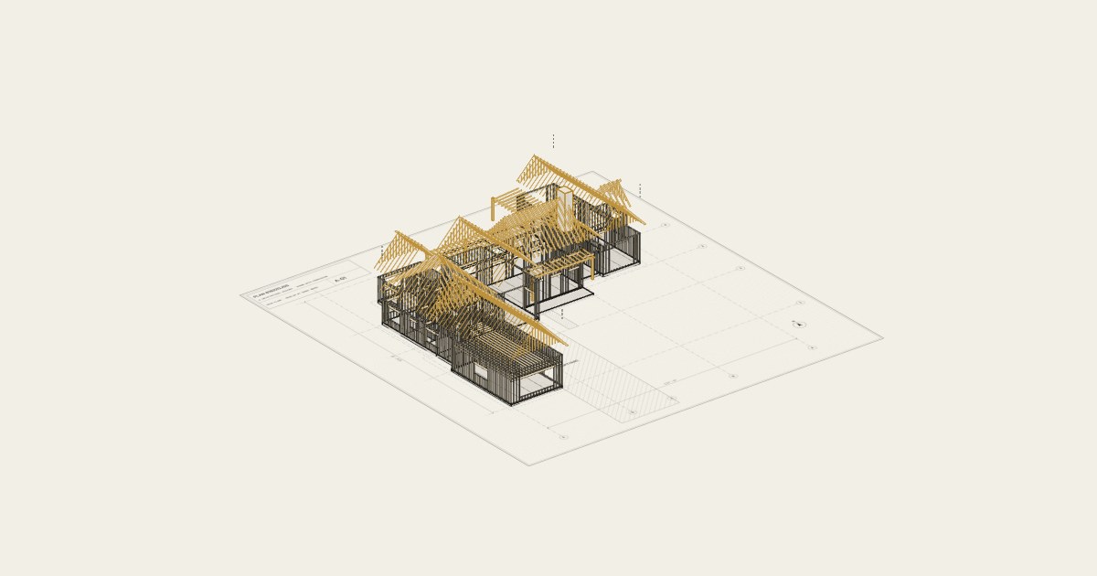 Exploded 3D drawing of farmhouse plan 818220JSS with the wall framing up and the roof trusses lifting into place